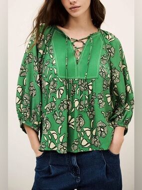 ba&sh Aura Blouse Green Floral Boho Preppy Flowy Tie-Neck Top US 2 / INT XS